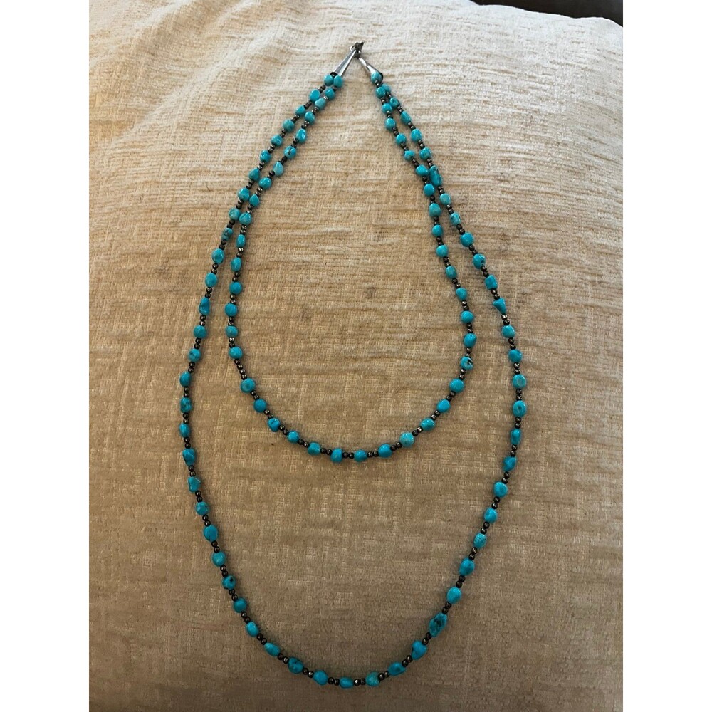 Vintage Genuine Turquoise Sterling Silver 2 strand bead necklace Native American - Picture 3 of 11